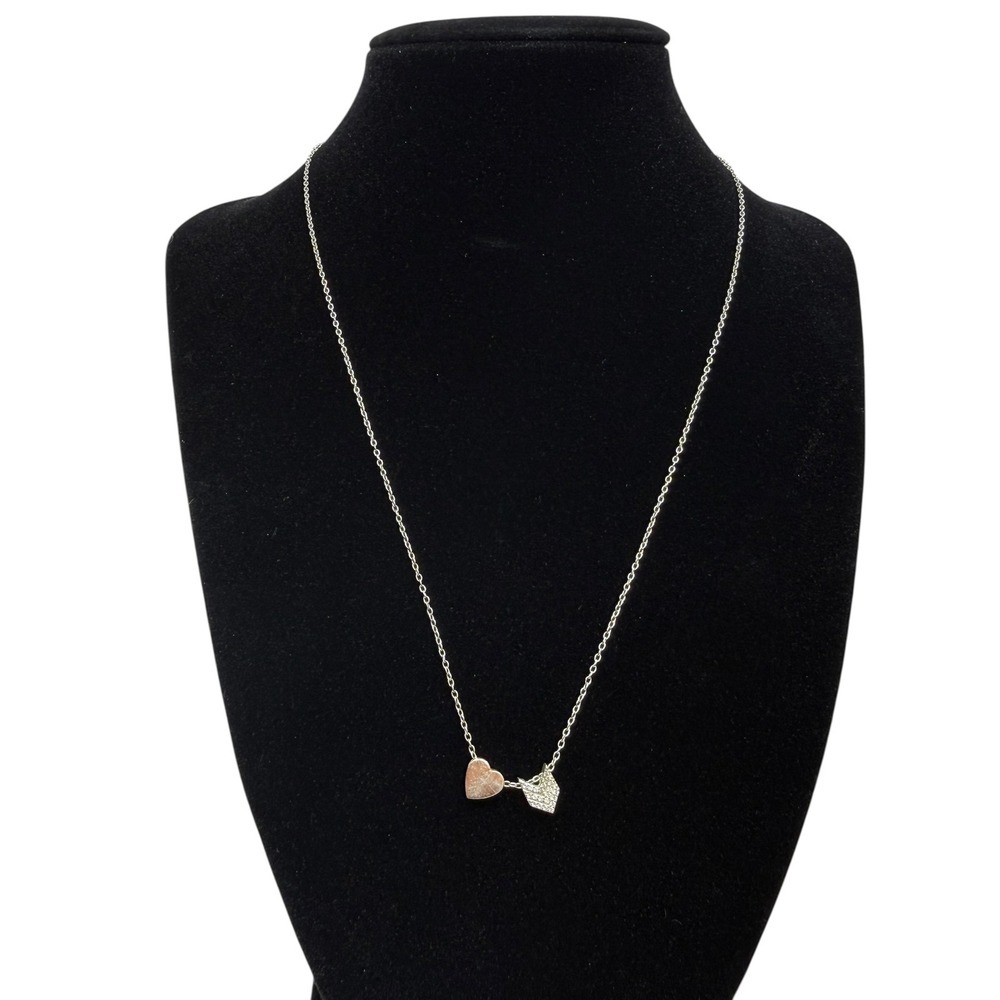925 Sterling Silver Two Tone Interlocking Heart Pendant Necklace Pave Cluster